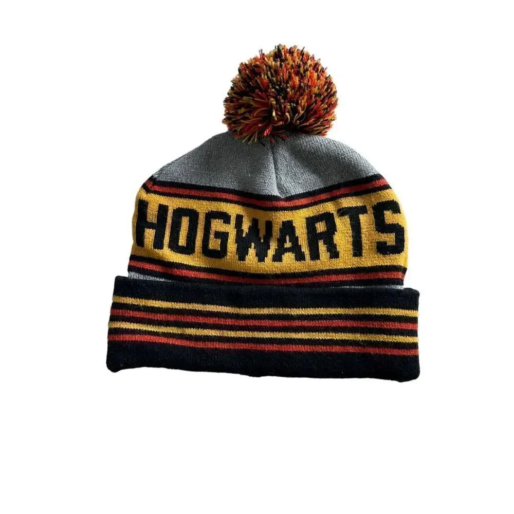 Harry Potter Hogwarts Crest Logo Pom Cuffed Stripe Knitted Beanie Hat One Size